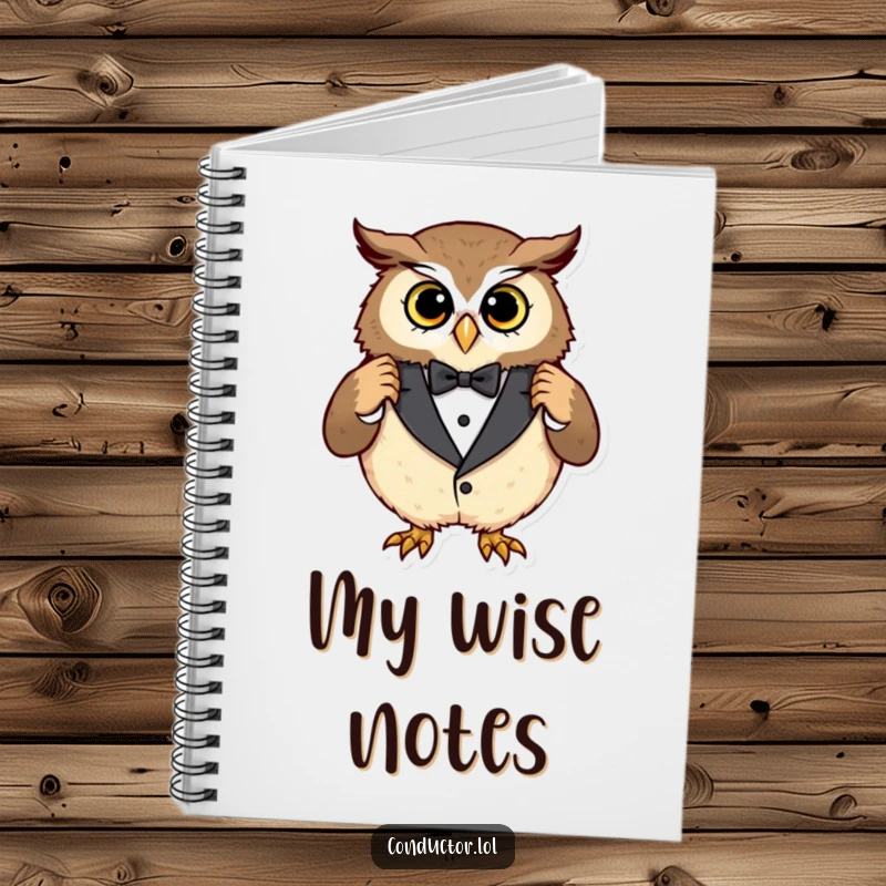 Funny owl tuxedo notebook, a curious owl adjusting an oversized tuxedo with a pleased expression, ideal for jotting down notes.