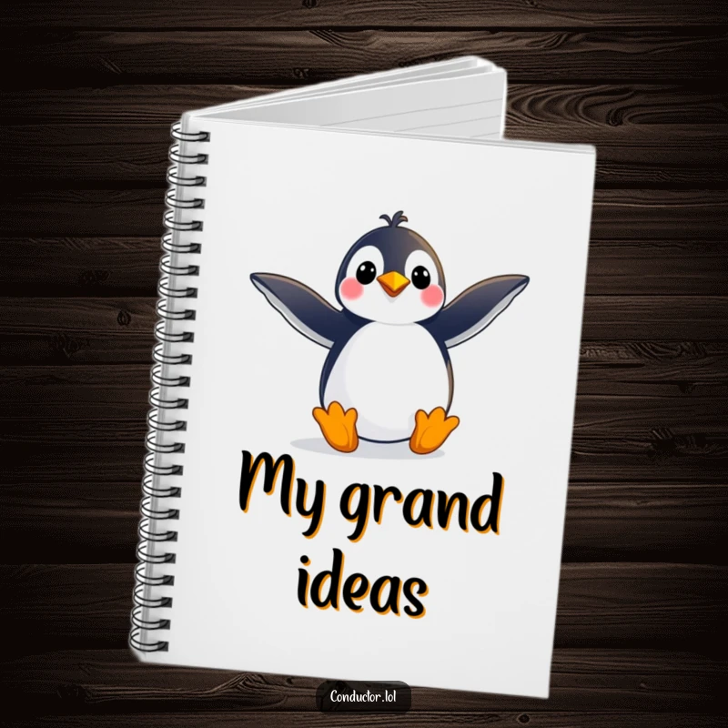 Funny notebook featuring a playful penguin striking a grand pose, arms outstretched, perfect for jotting down dramatic notes, a useful funny gift.