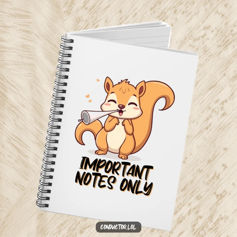 Funny squirrel conductor notebook, blowing an invisible whistle with a triumphant flourish, designed for capturing musical inspirations and daily thoughts with humor.