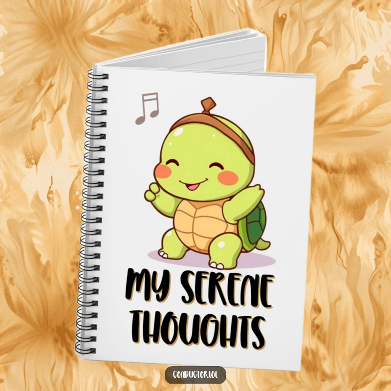 Funny notebook with a joyful turtle conductor slowly guiding tempo with a contented smile, perfect for calm notes.