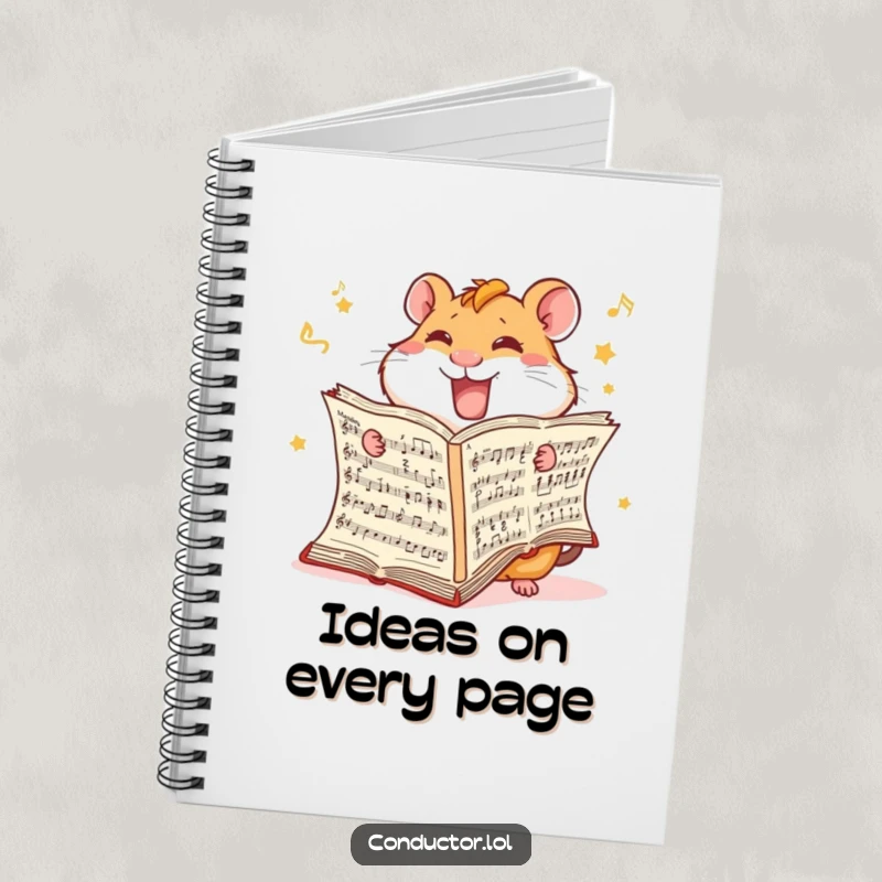 Funny Hamster Score Notebook: A giggling hamster furiously turns pages of a music score.