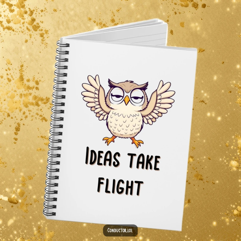 Funny notebook with a curious owl dramatically opening its arms, designed for jotting down ideas with humorous inspiration.