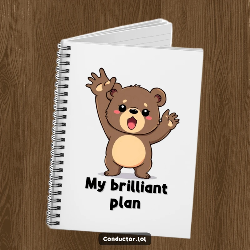Funny notebook with a determined bear cub vigorously swinging its arms in a grand gesture, perfect for planning big achievements.