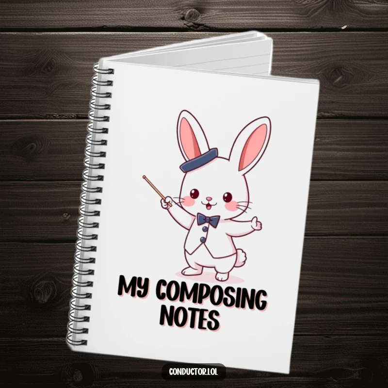 Funny cute bunny conductor wearing a small top hat, enthusiastically waving a baton, on the cover of a notebook.