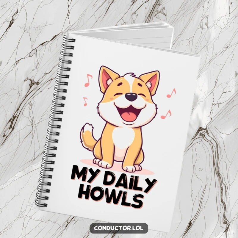 Funny dog notebook, with a proud dog barking to music, perfect for writing lyrics or notes.