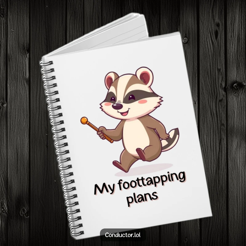 Funny notebook with a cheerful badger holding a baton, energetically tapping its foot, ideal for jotting down notes and plans.