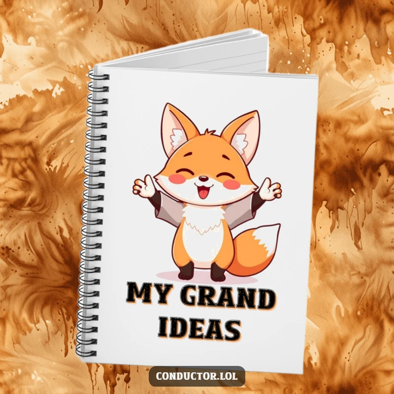 Funny notebook with a happy fox enthusiastically waving its arms like a maestro, ideal for jotting down inspired notes.