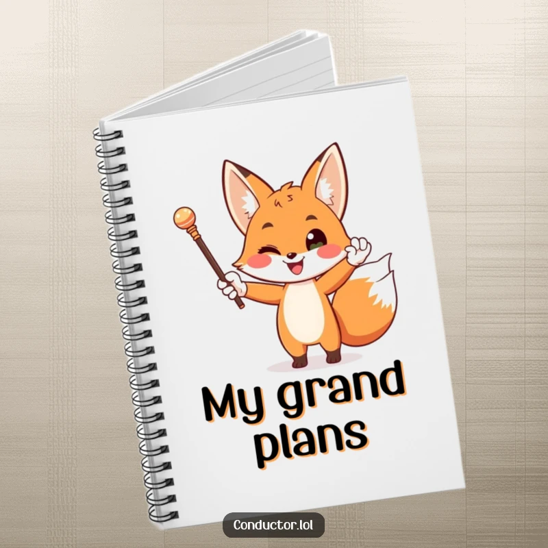 Funny notebook cover featuring a happy fox in white gloves dramatically conducting with a baton, perfect for organized thinkers.