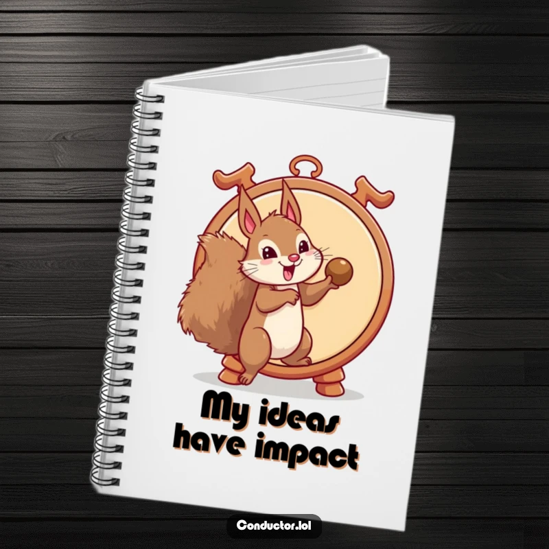 Funny notebook featuring a mischievous squirrel poised to strike a gong, perfect for jotting down funny notes and ideas, a useful funny gift.
