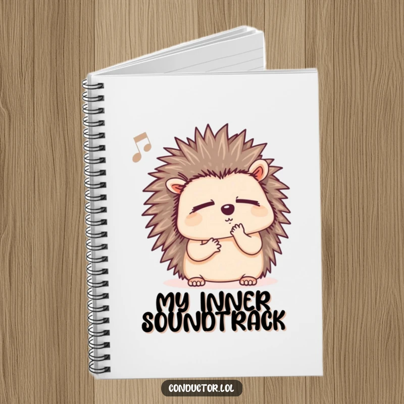Funny hedgehog notebook, with a determined hedgehog listening to music, perfect for writing down song lyrics.