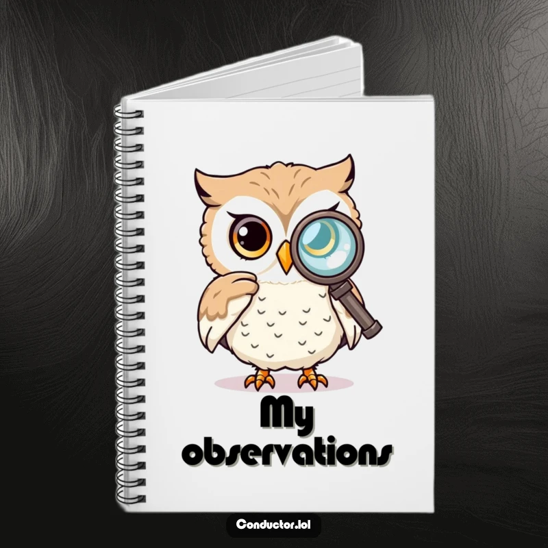 Funny notebook cover featuring a curious owl peering through a spyglass, perfect for writers and observers.