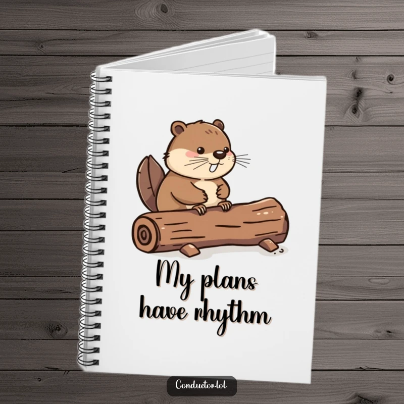 Funny notebook featuring a determined beaver tapping its tail on a log, perfect for jotting down rhythmic ideas, a useful funny gift.