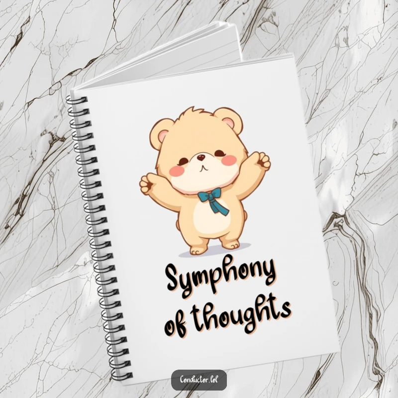 Funny notebook featuring a fluffy bear character conducting music with a grand sweeping motion, perfect for jotting ideas.