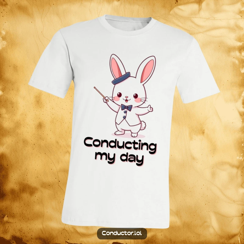 Funny cute bunny conductor with a top hat, enthusiastically waving a baton on a comfortable and stylish t-shirt.