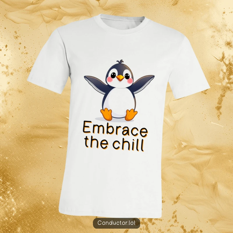Funny t-shirt depicting a playful penguin striking a grand pose with arms outstretched, showcasing dramatic flair and joyous expression, a fantastic funny gift.