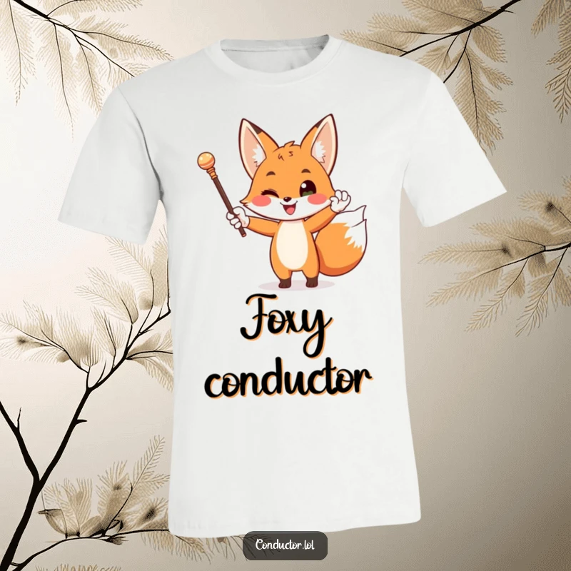 Funny t-shirt featuring a happy, white-gloved fox dramatically conducting with a baton, exuding confidence and humor.