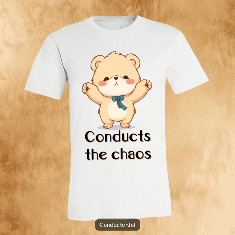 Funny t-shirt with a fluffy bear character acting as a conductor with a grand sweeping motion, ideal for music fans.