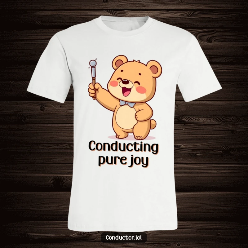 Funny Bear Conductor T-Shirt, depicting a joyful bear cub enthusiastically leading an imaginary orchestra with a baton.