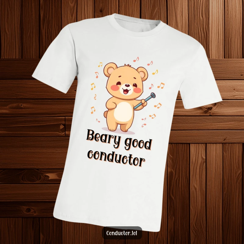 Funny happy cartoon bear cub energetically waving a tiny baton surrounded by musical notes on a t-shirt, a symphony of fun.