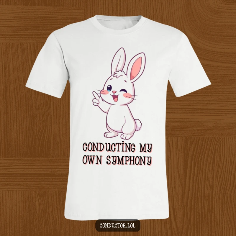Funny bunny conductor t-shirt, joyfully directing a musical crescendo with energetic flair, ideal for music lovers.