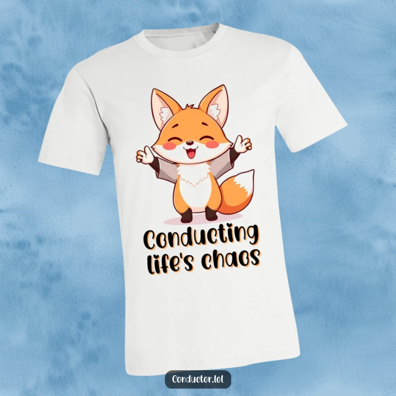Funny t-shirt design of a happy fox enthusiastically waving its arms like a conductor, radiating boundless energy and joy.