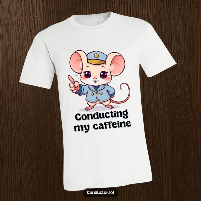Funny mouse t-shirt showcasing a determined mouse in a small uniform, excitedly pointing to a musical crescendo.
