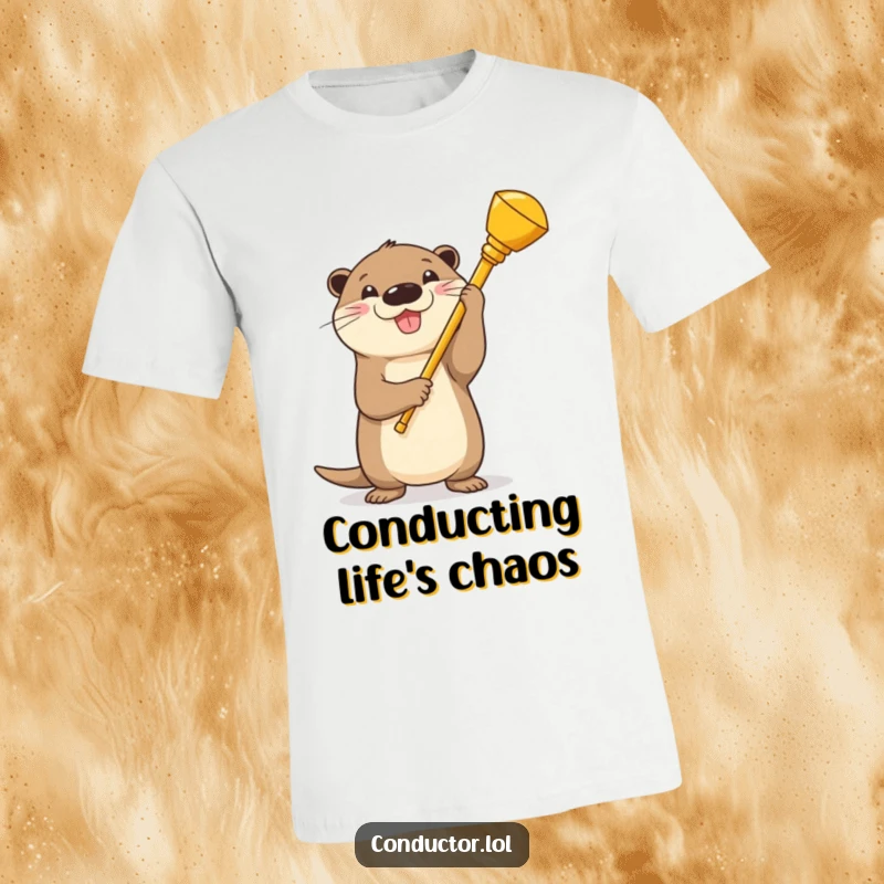 Funny Otter Conductor T-Shirt: A beaming cartoon otter with a proud smile, directing with a golden baton, a symphony of laughs.