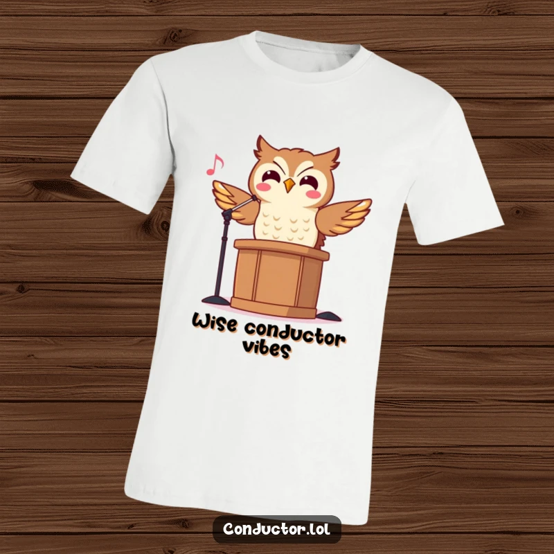 Funny Owl Conductor T-Shirt featuring a cheerful owl maestro perched high, head bobbing to the music with great enthusiasm.
