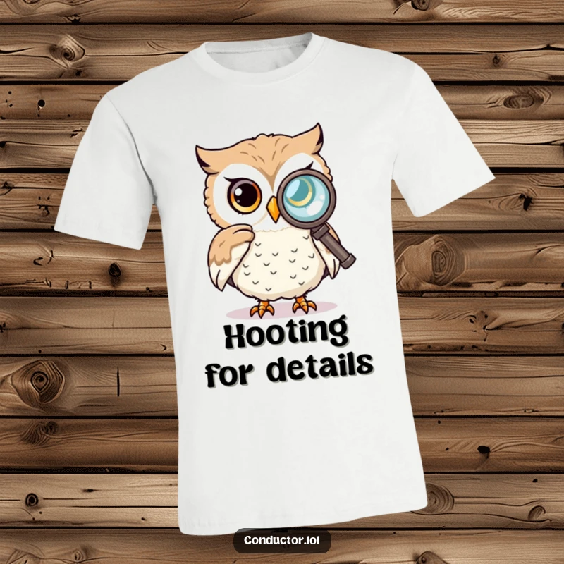 Funny t-shirt showing a curious owl intently looking through a spyglass, representing keen observation and a playful spirit.