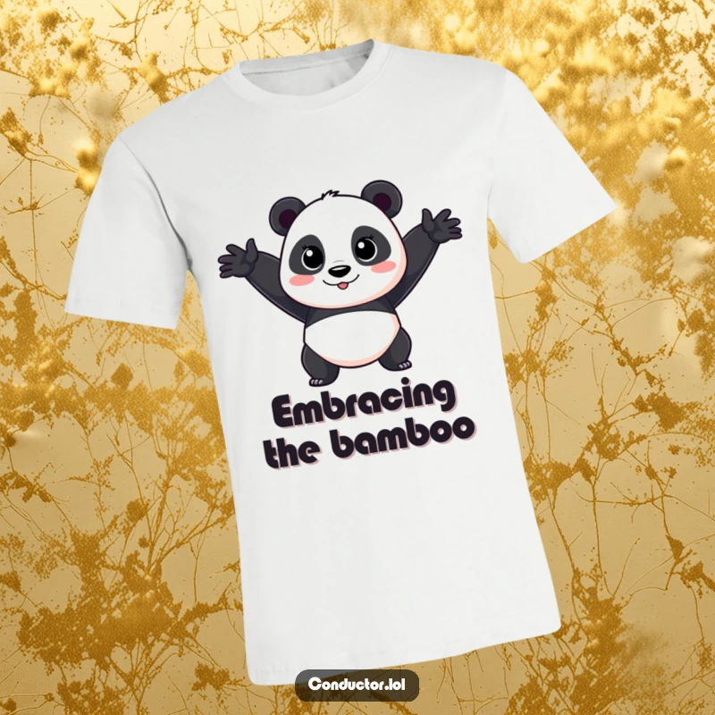 Funny Panda Performer T-Shirt: A focused cartoon panda performing a dramatic, sweeping arm gesture with flair.