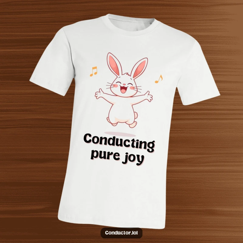 Funny Rabbit Conductor T-Shirt: A giggling rabbit in mid-leap, conducting an imaginary orchestra with joyful abandon and outstretched arms.