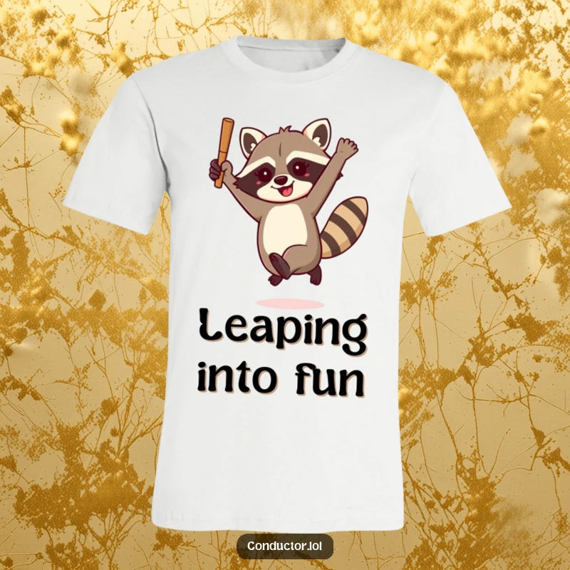 Funny raccoon conductor t-shirt, enthusiastically leaping with a baton, embodying spirited musicality and mischievous fun for everyday wear.