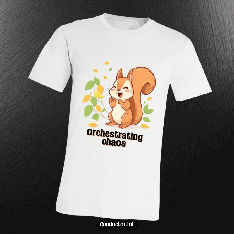 Funny cheerful squirrel energetically conducting a symphony of rustling leaves, on a graphic t-shirt.