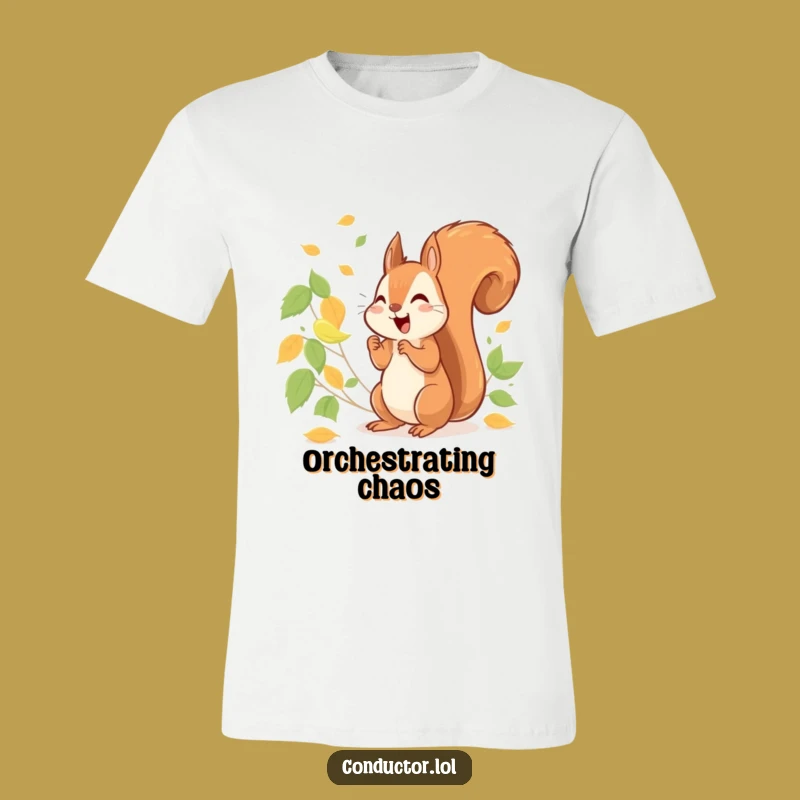 Funny Squirrel Conducting Leaves T-Shirt: Energetic Nature Tee, Cheerful Gift