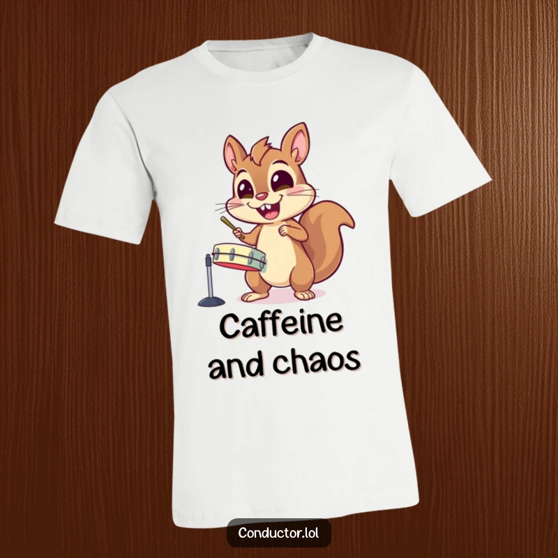 Funny t-shirt with an energetic squirrel character gleefully banging cymbals, eyes wide with excitement and a wild expression.