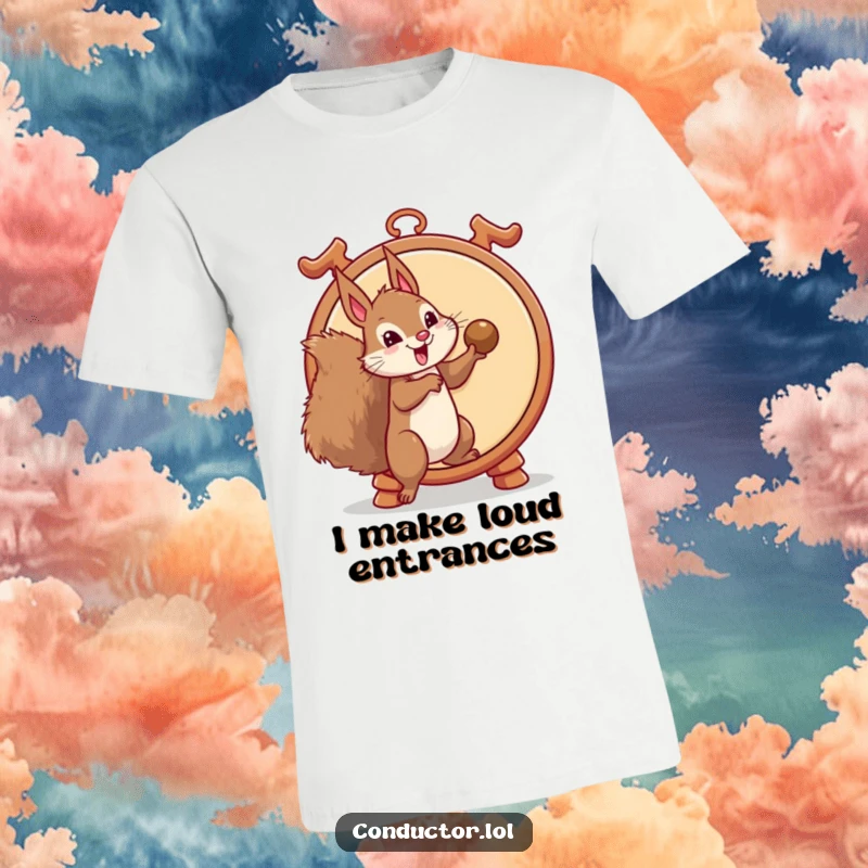 Funny t-shirt featuring a mischievous squirrel poised to strike a large gong, showcasing comedic timing and a playful prankster personality, a great funny gift.