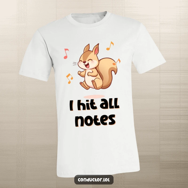 Funny Squirrel Musician T-Shirt: A playful squirrel leaping energetically between musical notes, exuding mischief and joy.