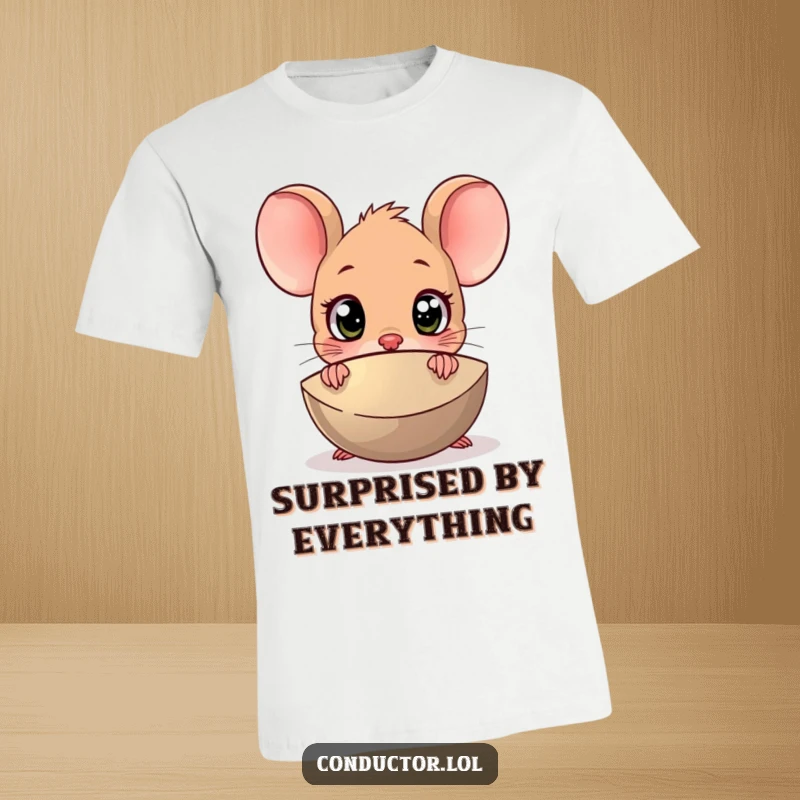 Funny Surprised Mouse Cymbal T-Shirt: A cartoon mouse with wide eyes peeking from behind a large cymbal.