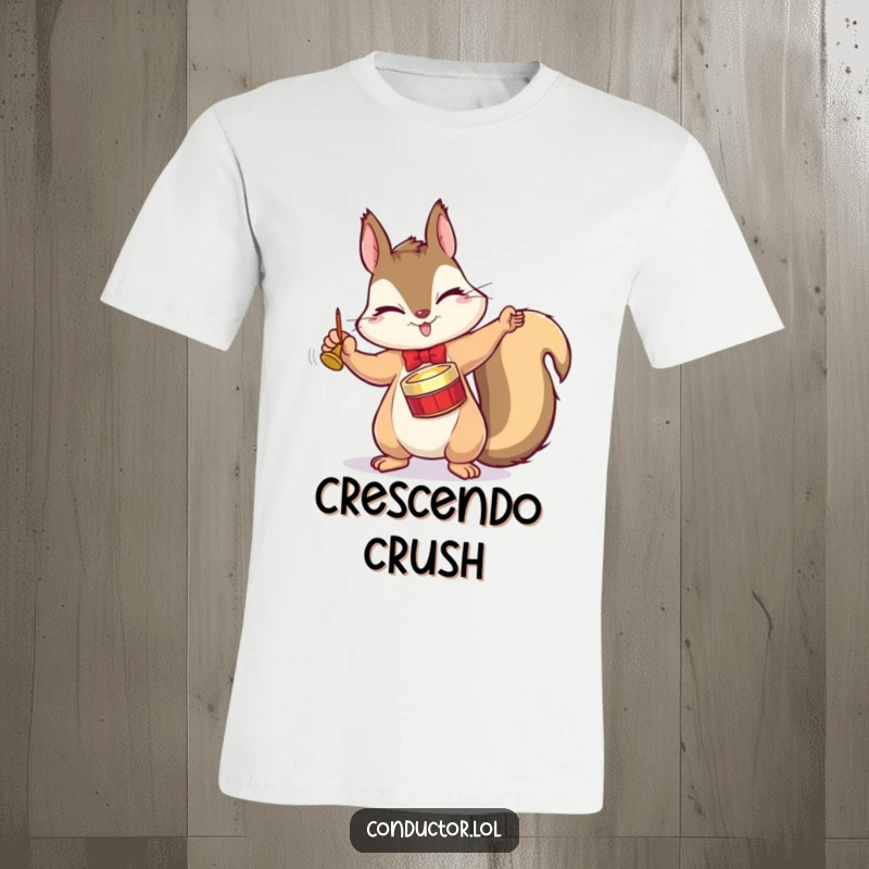 Funny t-shirt featuring a winking squirrel conductor, dramatically tapping a tiny cymbal with a flourish, a symphony of fun.