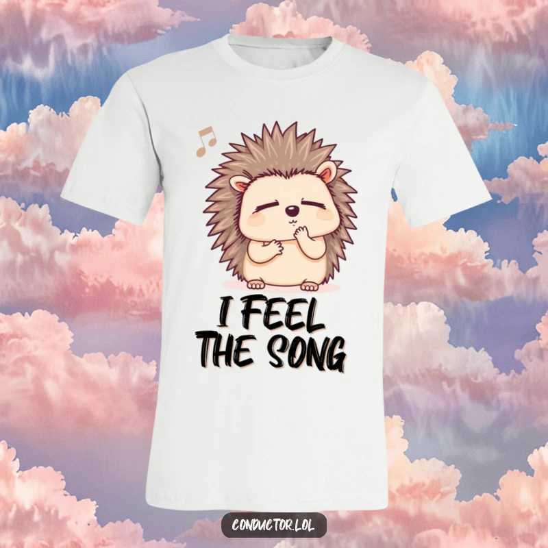 Funny hedgehog t-shirt, depicted listening intently to music with closed eyes and a thoughtful hum, great for music fans.