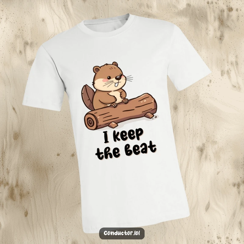 Funny t-shirt depicting a determined beaver tapping its tail on a log, showcasing rhythmic precision and animal charm, a fantastic funny gift.