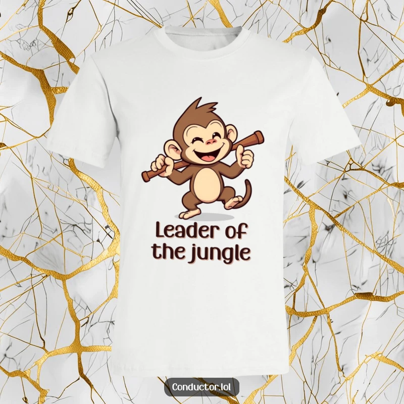 Funny monkey conductor t-shirt, swinging a baton with a cheeky grin, full of energy. A funny apparel gift.