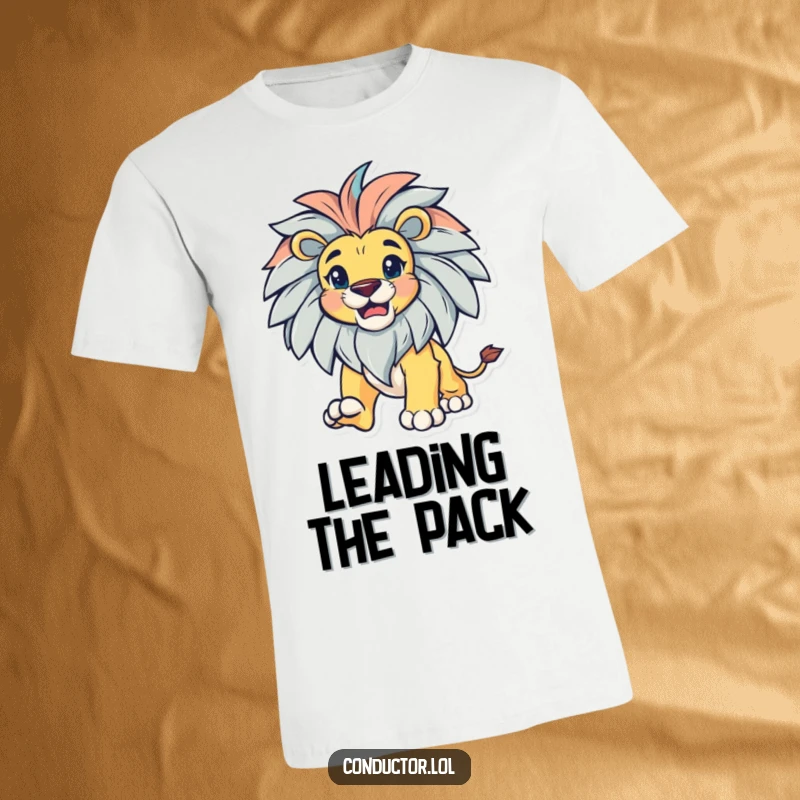 Funny bold lion with a magnificent mane, leading with gusto, on a t-shirt, exuding power and charisma.