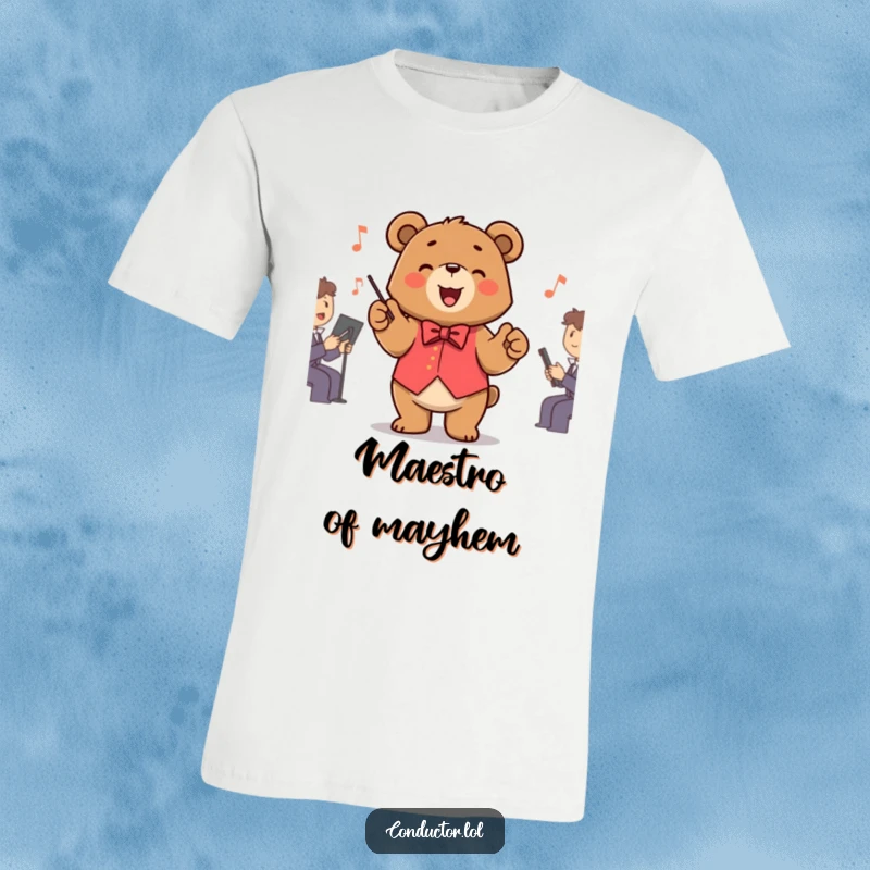 Funny Bear Conductor T-Shirt featuring a joyful bear maestro dramatically leading an orchestra with exaggerated paw sweeps, full of fun.