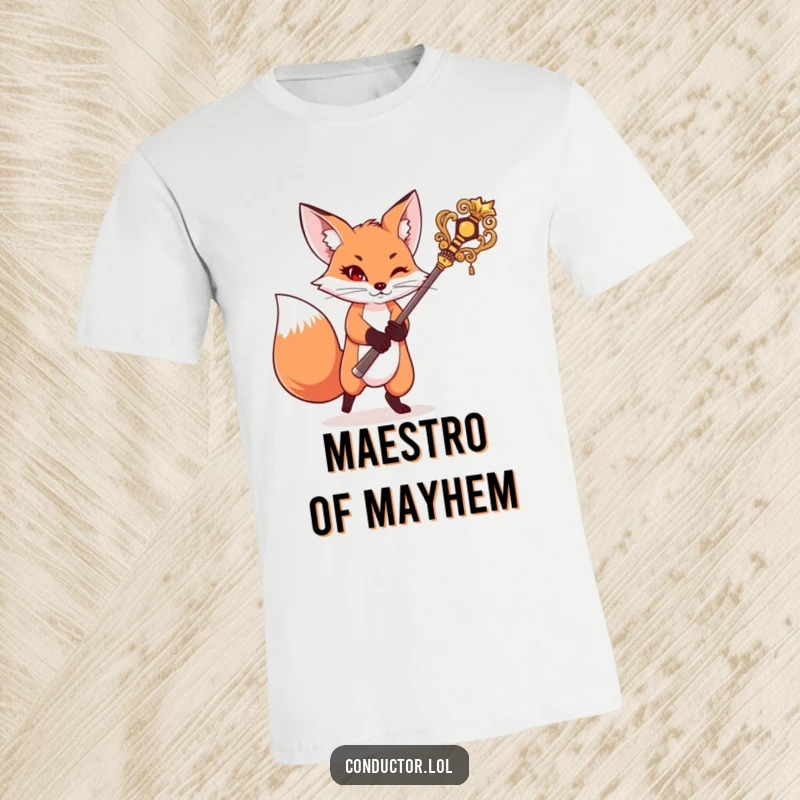 Funny t-shirt featuring a mischievous fox expertly swinging a large baton, embodying playful leadership and dramatic flair.