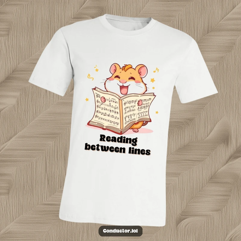 Funny Hamster Score T-Shirt: A giggling hamster is furiously turning the pages of an oversized score.