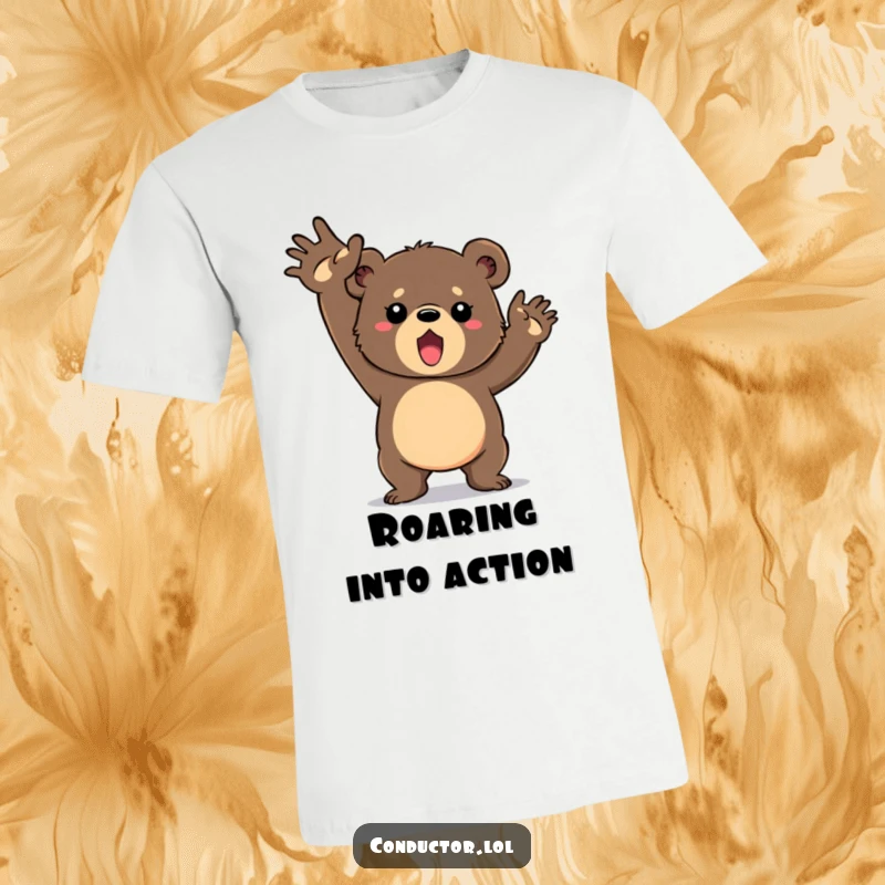 Funny T-shirt showcasing a determined bear cub vigorously swinging its arms in a grand gesture, radiating enthusiasm and determination.
