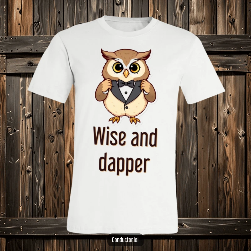 Funny owl tuxedo t-shirt, a curious owl meticulously adjusting an oversized tuxedo with a proud and pleased expression.