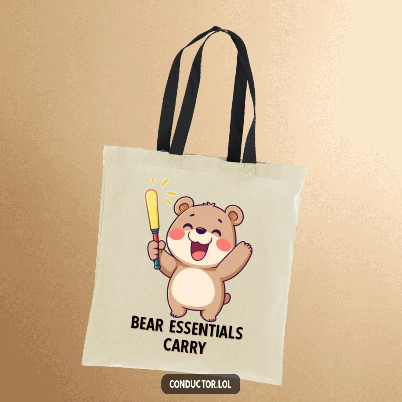 Funny tote bag featuring a cheerful bear waving a glowing baton with a wide smile, a functional and joyful accessory.