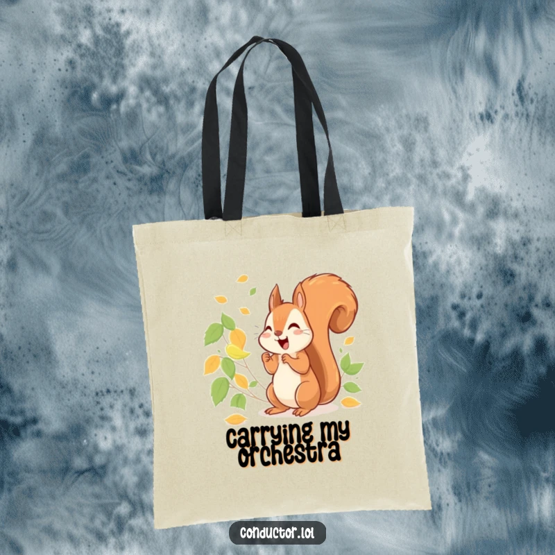 Funny cheerful squirrel energetically conducting a symphony of rustling leaves, on a practical tote bag.